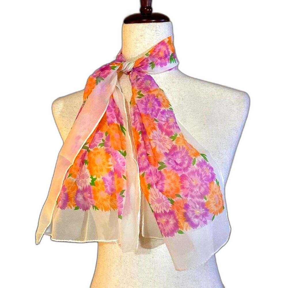 Glentex 1970s Pink Acetate Sheer Floral Collectible Scarf